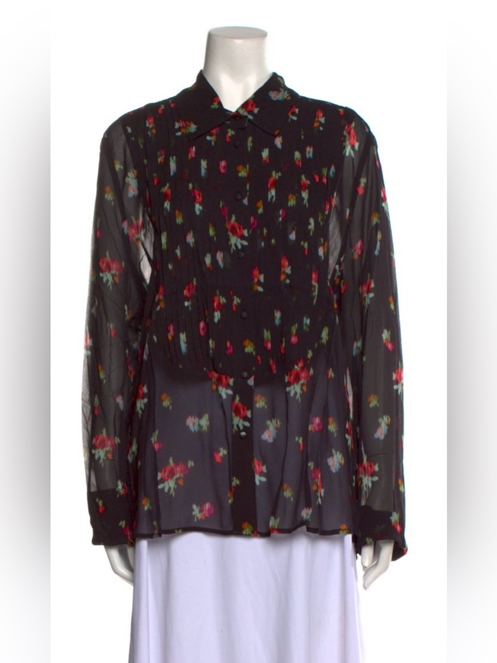 Tux front Black Floral Sheer Button-Front Blouse Dress it-up/Dress is-down.